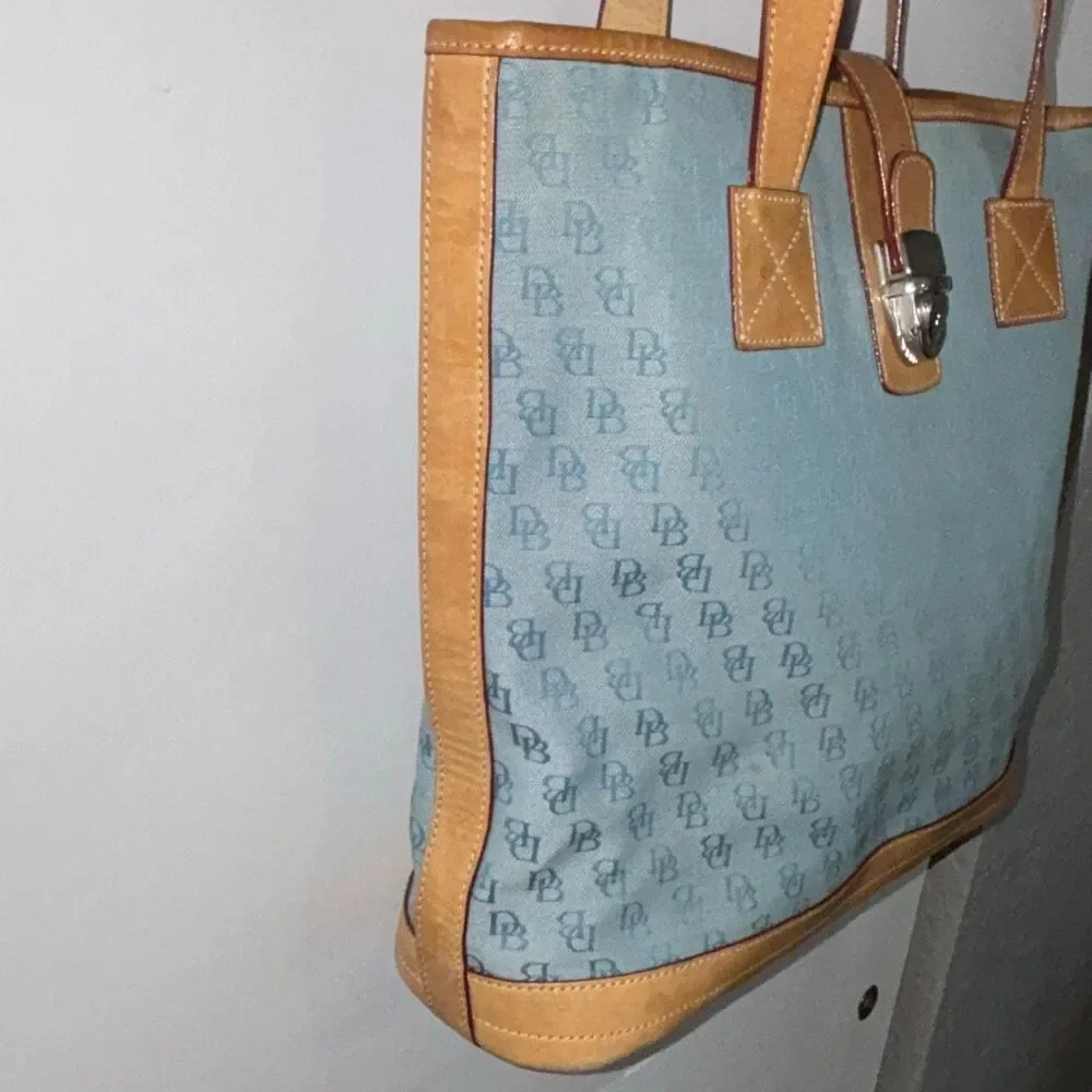 Dooney & Bourke vintage signature logo blue shopper tote medium leather/canvas - Picture 3 of 9